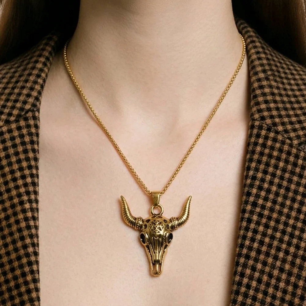 Gold Bull Head Pendant Necklace Western Steer Horned Skull Chain Unisex Outlaw